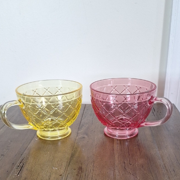 Yellow and Pink Footed Glass Teacups - Picture 1 of 6